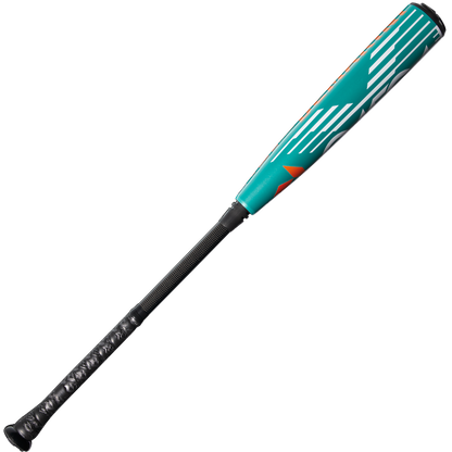 The 2026 DeMarini Omega (-3) BBCOR Baseball Bat (WBD2586010) features a black handle and teal X14 Alloy Barrel with white diagonal stripes and orange accents, shown on a white background.