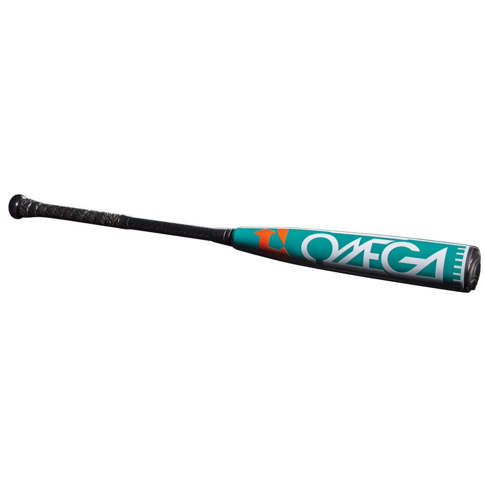 The 2026 DeMarini Omega (-3) BBCOR Baseball Bat (WBD2586010) features a teal and black design with bold white "OMEGA" lettering and orange accents on its X14 Alloy Barrel, displayed on a plain white background.