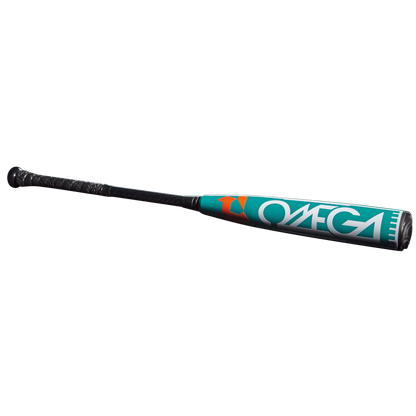 The 2026 DeMarini Omega (-3) BBCOR Baseball Bat (WBD2586010) features a teal and black design with bold white "OMEGA" lettering and orange accents on its X14 Alloy Barrel, displayed on a plain white background.