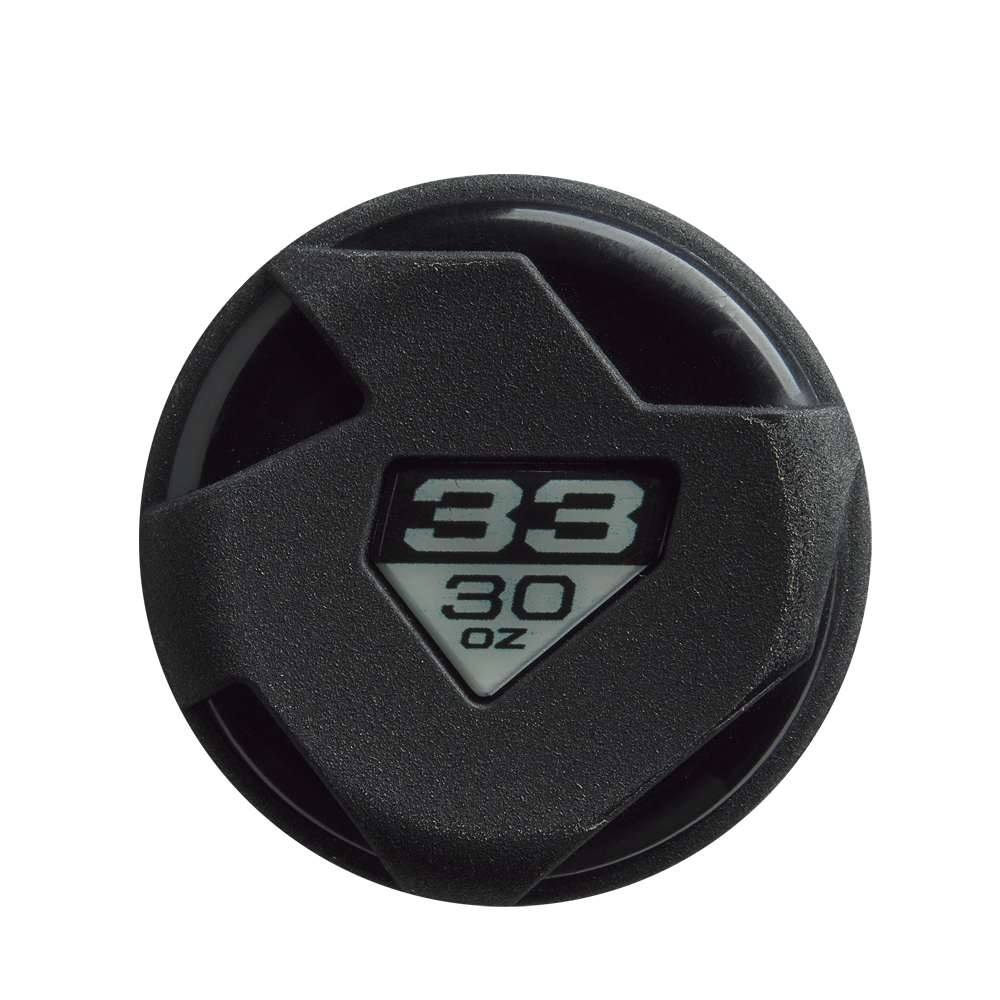A black circular cap with a triangular window showing "38" above "30 oz" in black on white, designed for the 2026 DeMarini Omega (-3) BBCOR Baseball Bat (WBD2586010) by DeMarini.