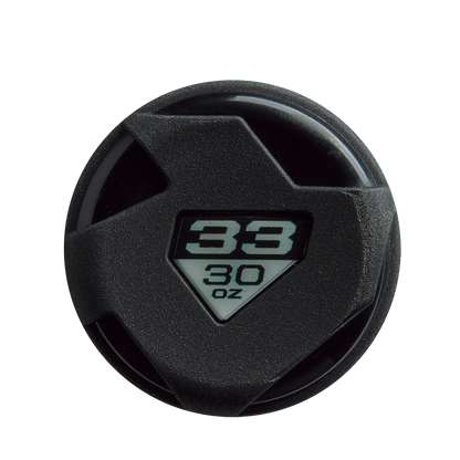 A black circular cap with a triangular window showing "38" above "30 oz" in black on white, designed for the 2026 DeMarini Omega (-3) BBCOR Baseball Bat (WBD2586010) by DeMarini.