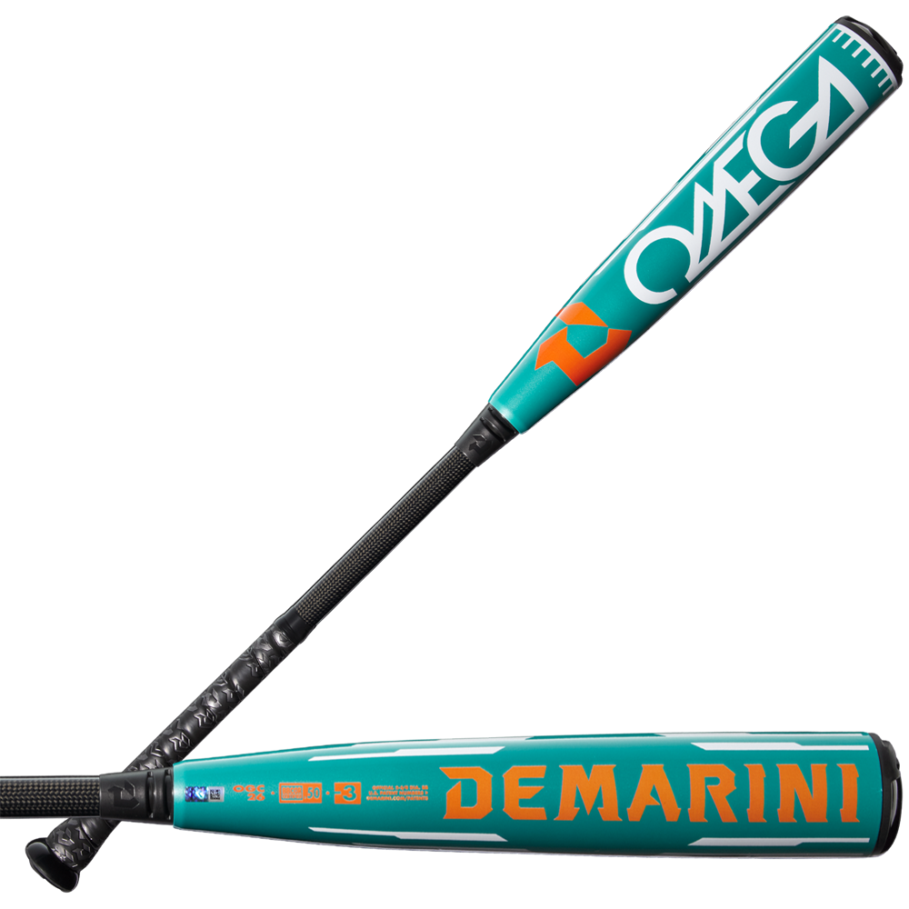 Two teal and black 2026 DeMarini Omega (-3) BBCOR Baseball Bats (WBD2586010) are shown—one displays the OMEGA branding on its X14 Alloy Barrel, while the other highlights the bold orange DeMarini logo.
