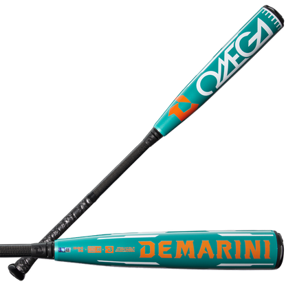Two teal and black 2026 DeMarini Omega (-3) BBCOR Baseball Bats (WBD2586010) are shown—one displays the OMEGA branding on its X14 Alloy Barrel, while the other highlights the bold orange DeMarini logo.