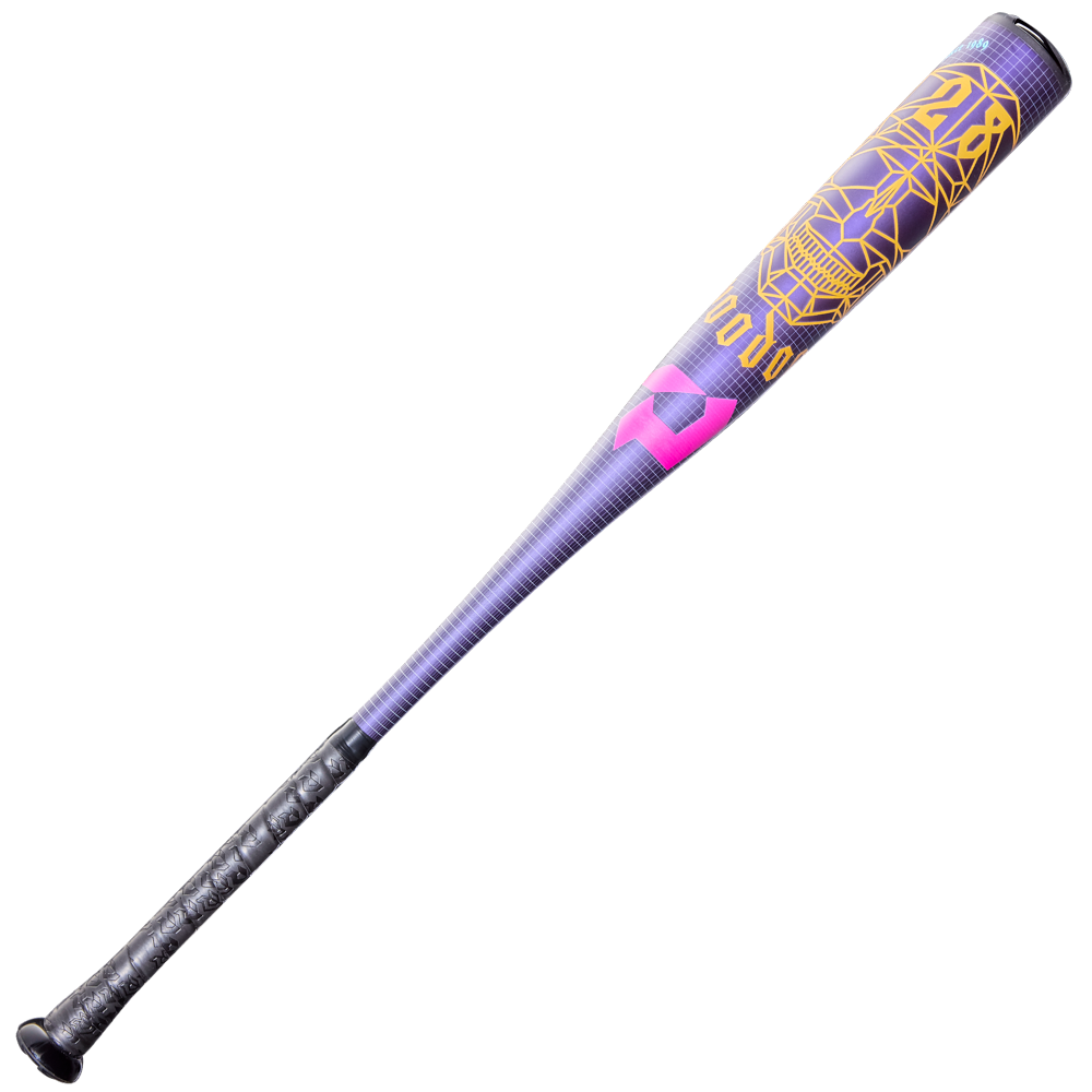 The 2026 DeMarini Voodoo One (-3) BBCOR Baseball Bat (WBD2587010 DEMO) features a metallic build, black grip, purple and pink gradient body, and a yellow geometric skull design near the barrel.