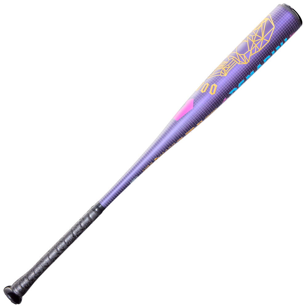 A 2026 DeMarini Voodoo One (-3) BBCOR Baseball Bat (WBD2587010, DEMO) featuring a purple barrel with geometric gold designs, pink accents, blue details, and a black textured grip.
