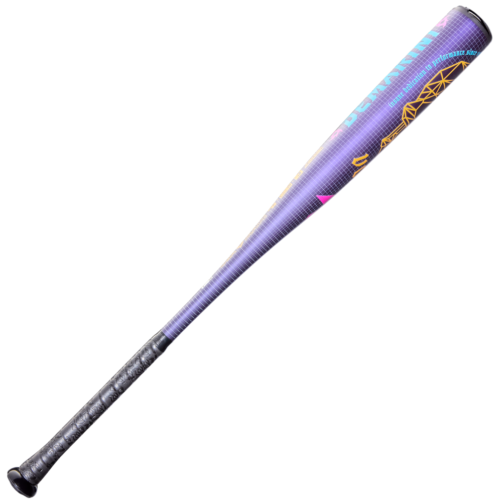 The 2026 DeMarini Voodoo One (-3) BBCOR Baseball Bat (WBD2587010) features a metallic purple finish, black grip, and vibrant yellow and pink graphics, displayed against a white background.