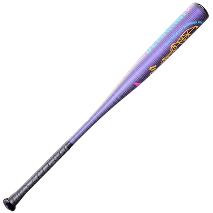 The 2026 DeMarini Voodoo One (-3) BBCOR Baseball Bat (WBD2587010) features a metallic purple finish, black grip, and vibrant yellow and pink graphics, displayed against a white background.