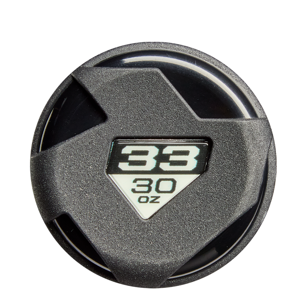 A black circular shaker bottle lid with a built-in handle, featuring "38 above .30 oz" in white on a triangular label—echoing the 2026 DeMarini Voodoo One (-3) BBCOR Baseball Bat's sleek, one-piece alloy style.