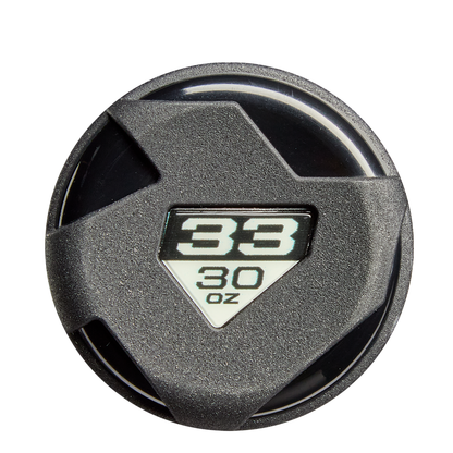 A black circular shaker bottle lid with a built-in handle, featuring "38 above .30 oz" in white on a triangular label—echoing the 2026 DeMarini Voodoo One (-3) BBCOR Baseball Bat's sleek, one-piece alloy style.