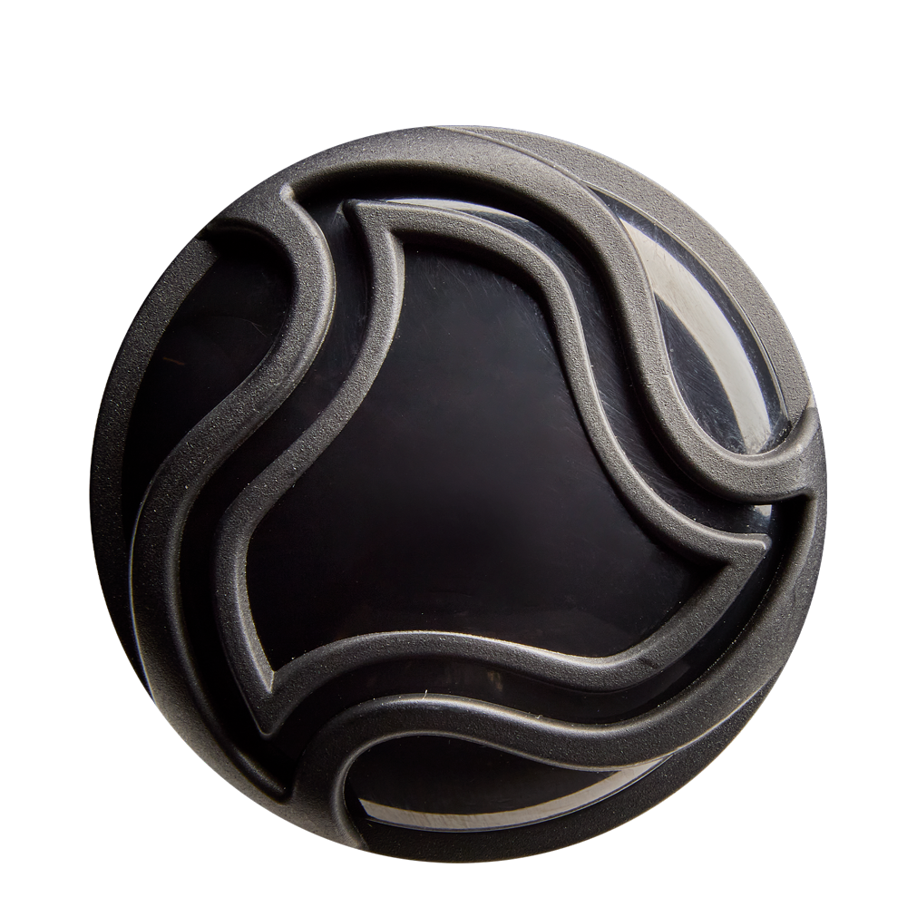 A round black object, resembling the 2026 DeMarini Voodoo One (-3) BBCOR Baseball Bat: WBD2587010 (DEMO) by DeMarini, features abstract raised wavy gray lines on its surface and is photographed against a white background.