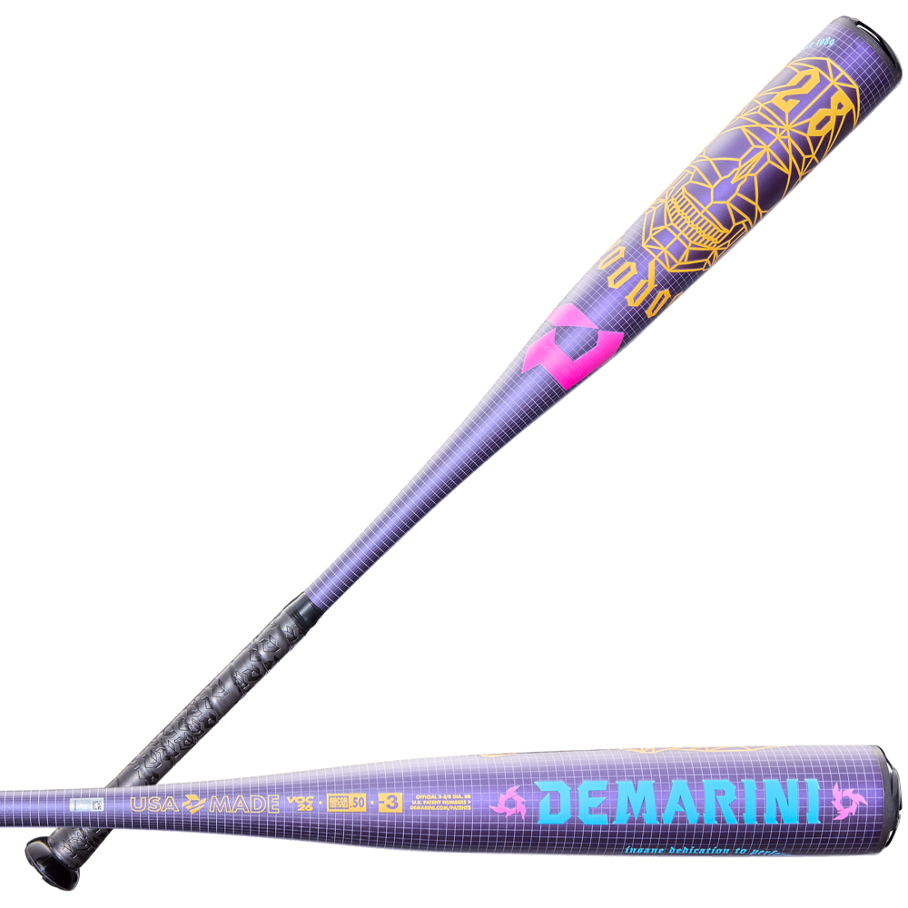 The 2026 DeMarini Voodoo One (-3) BBCOR Baseball Bat (WBD2587010) by DeMarini is shown from multiple angles, featuring a purple design with geometric yellow graphics, blue branding, and pink accents on a white background.