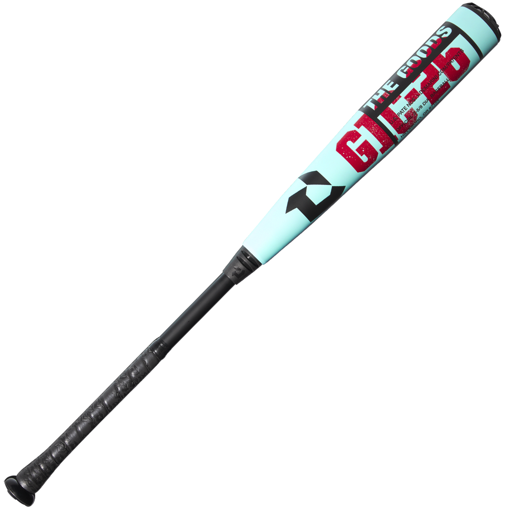 The 2026 DeMarini The Goods (-3) BBCOR Baseball Bat (WBD2588010) features a light blue/black X14 Alloy Barrel, black grip, and red, black, and white "THE GOODS G235" graphics—part of DeMarini's The Goods BBCOR lineup.