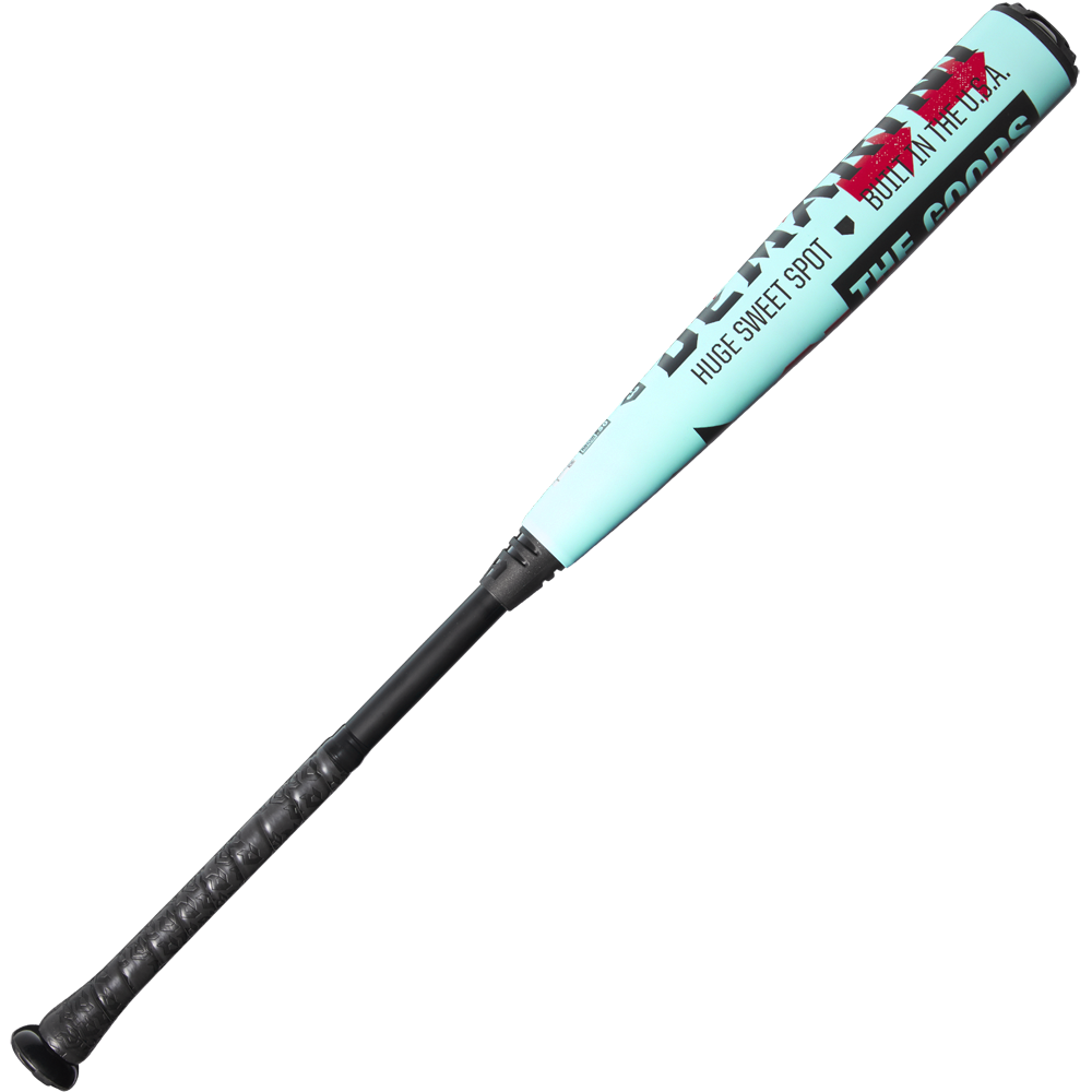 The 2026 DeMarini The Goods (-3) BBCOR Baseball Bat (WBD2588010) features a turquoise and black X14 Alloy Barrel with phrases like HUGE SWEET SPOT and BUILT WITH TECH, plus a black grip—showcasing DeMarini’s signature power.