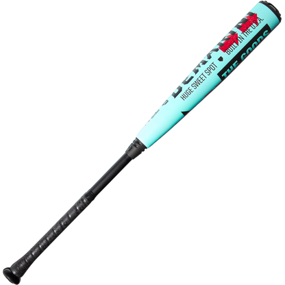 The 2026 DeMarini The Goods (-3) BBCOR Baseball Bat (WBD2588010) features a turquoise and black X14 Alloy Barrel with phrases like HUGE SWEET SPOT and BUILT WITH TECH, plus a black grip—showcasing DeMarini’s signature power.