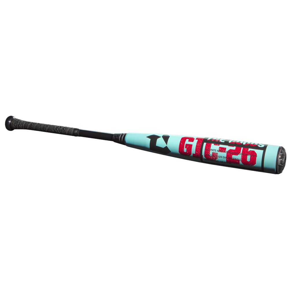 The 2026 DeMarini The Goods (-3) BBCOR Baseball Bat (WBD2588010) features a teal and black design, textured black grip, bold red, white, and black "GIG26" graphics, and an X14 Alloy Barrel, shown on a plain white background.