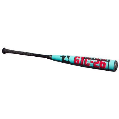 The 2026 DeMarini The Goods (-3) BBCOR Baseball Bat (WBD2588010) features a teal and black design, textured black grip, bold red, white, and black "GIG26" graphics, and an X14 Alloy Barrel, shown on a plain white background.