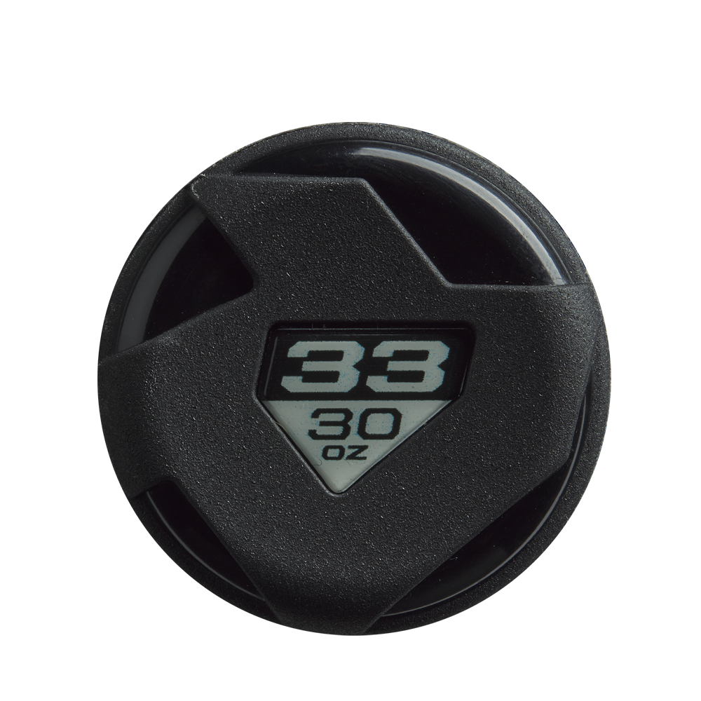 Close-up of the DeMarini The Goods (-3) BBCOR Baseball Bat (WBD2588010), black and round with a window showing “33” above “30 oz” in bold black on white, featuring angular, textured edges—reminiscent of its precise weight markings.