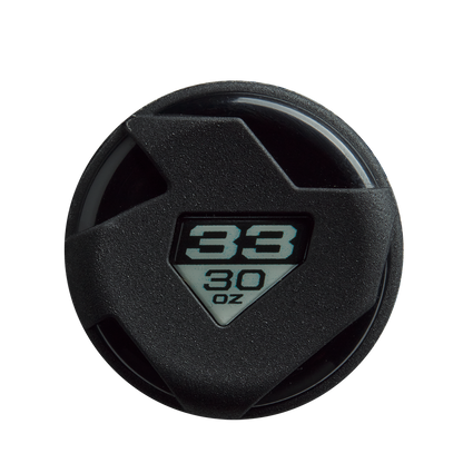 Close-up of the DeMarini The Goods (-3) BBCOR Baseball Bat (WBD2588010), black and round with a window showing “33” above “30 oz” in bold black on white, featuring angular, textured edges—reminiscent of its precise weight markings.