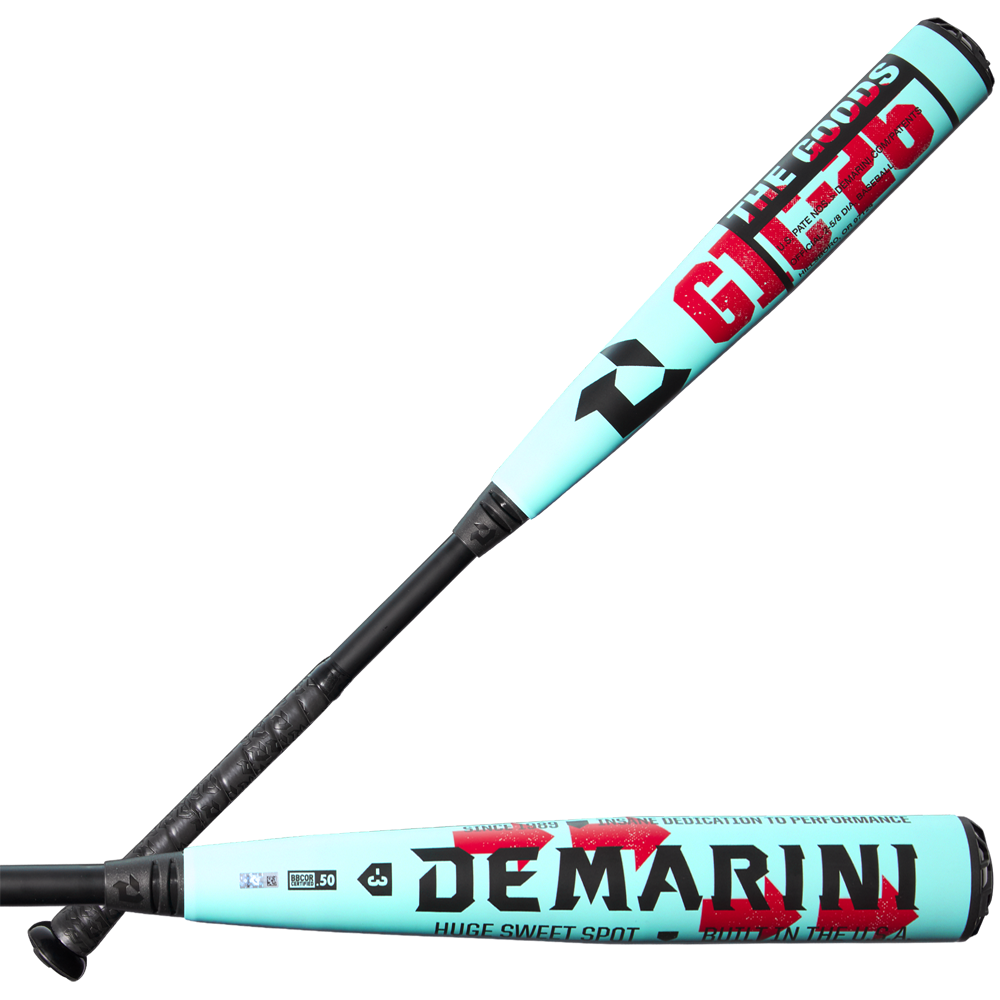 Two light blue 2026 DeMarini The Goods (-3) BBCOR Baseball Bats (WBD2588010) with black handles and bold red/black graphics are shown on a white background, featuring the powerful X14 Alloy Barrel.