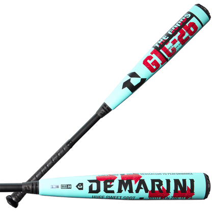 Two light blue 2026 DeMarini The Goods (-3) BBCOR Baseball Bats (WBD2588010) with black handles and bold red/black graphics are shown on a white background, featuring the powerful X14 Alloy Barrel.
