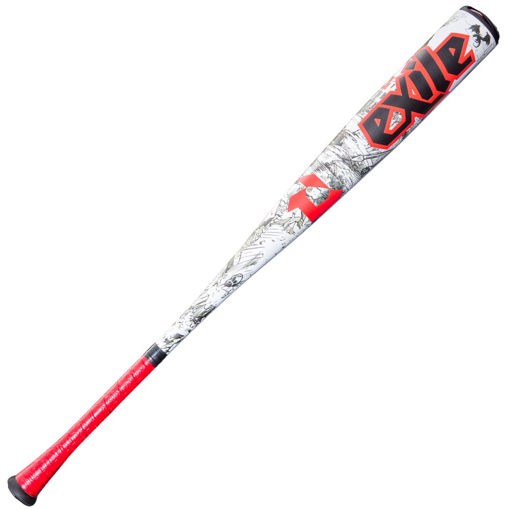 The 2026 DeMarini Exile (-3) BBCOR Baseball Bat (WBD2589010) showcases a bold red and black look and is built from one-piece alloy for top-tier performance.