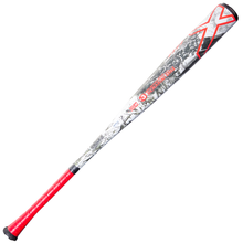 The 2026 DeMarini Exile (-3) BBCOR Baseball Bat (WBD2589010) features a red handle, a prominent silver and red "X" by the barrel, and black and white graphics on its one-piece alloy body.