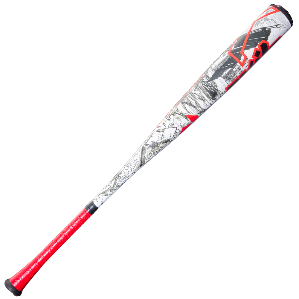 The 2026 DeMarini Exile (-3) BBCOR Baseball Bat (WBD2589010) is a one-piece alloy bat with a red handle, black end cap, and a white, gray, and black barrel featuring red geometric accents.