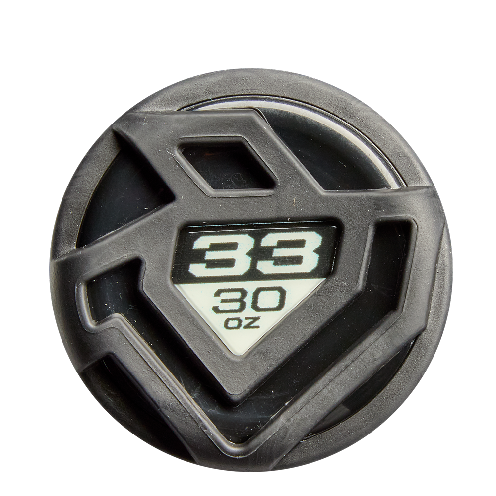 The 2026 DeMarini Exile (-3) BBCOR Baseball Bat (WBD2589010) features a black and gray knob with "33" and "30 oz" in white on a triangular label, showing bat length and weight; constructed as a one-piece alloy.