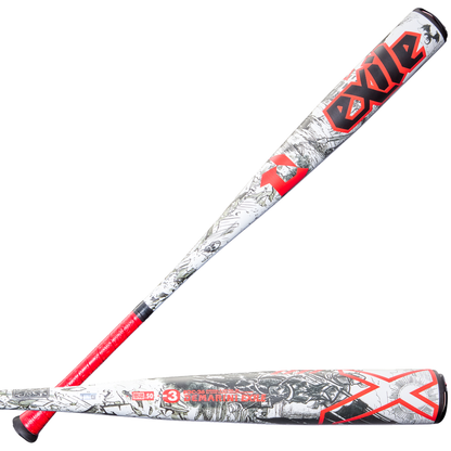 Two DeMarini 2026 Exile (-3) BBCOR bats with white, red, and black graphics, red handles, bold Exile branding on the barrel, intricate patterns, and durable one-piece alloy construction. Model: WBD2589010.