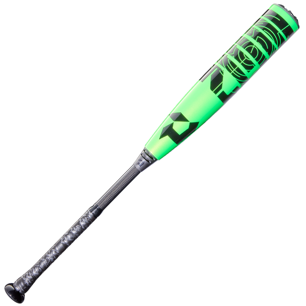 The 2026 DeMarini ZEN (-10) USSSA Baseball Bat (WBD2591010 DEMO) features a neon green and black design, bold geometric graphics on its composite barrel, and a textured black grip, shown against a plain white background.
