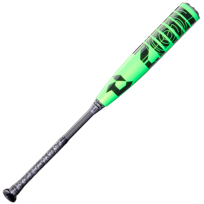 The 2026 DeMarini ZEN (-10) USSSA Baseball Bat (WBD2591010 DEMO) features a neon green and black design, bold geometric graphics on its composite barrel, and a textured black grip, shown against a plain white background.