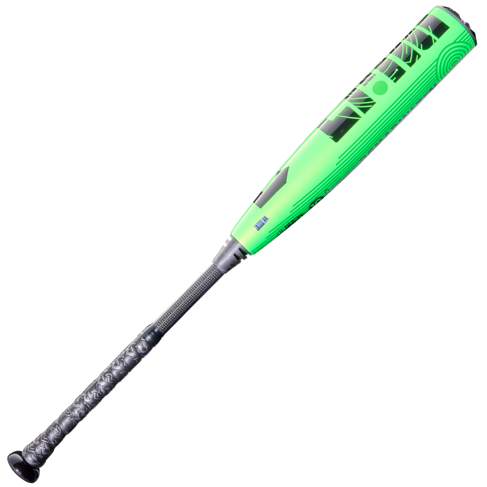The 2026 DeMarini ZEN (-10) 2 3/4" USSSA Baseball Bat (WBD2591010 DEMO) features a neon green design with black accents, composite barrel, and textured black grip, shown on a white background.