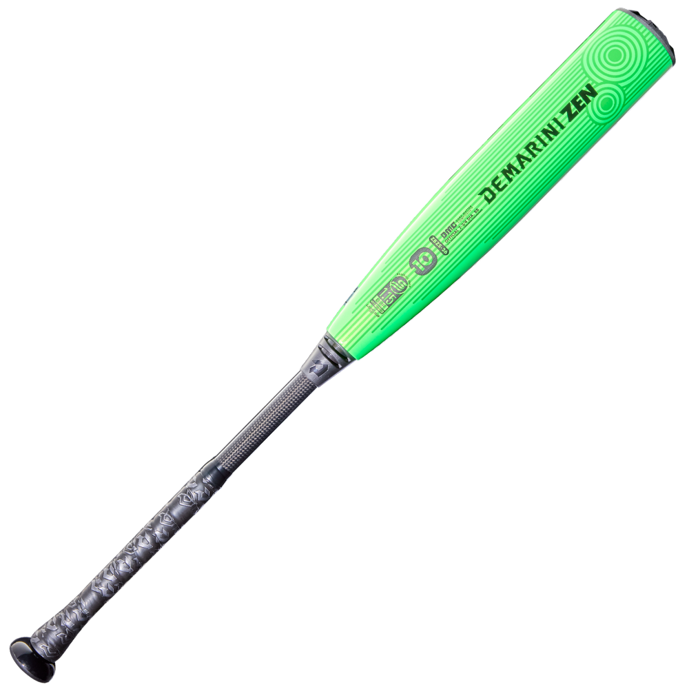 The 2026 DeMarini ZEN (-10) USSSA Baseball Bat (WBD2591010 DEMO) features a bright green composite barrel, black grip tape, and brand/model details printed on the barrel, displayed on a light background.