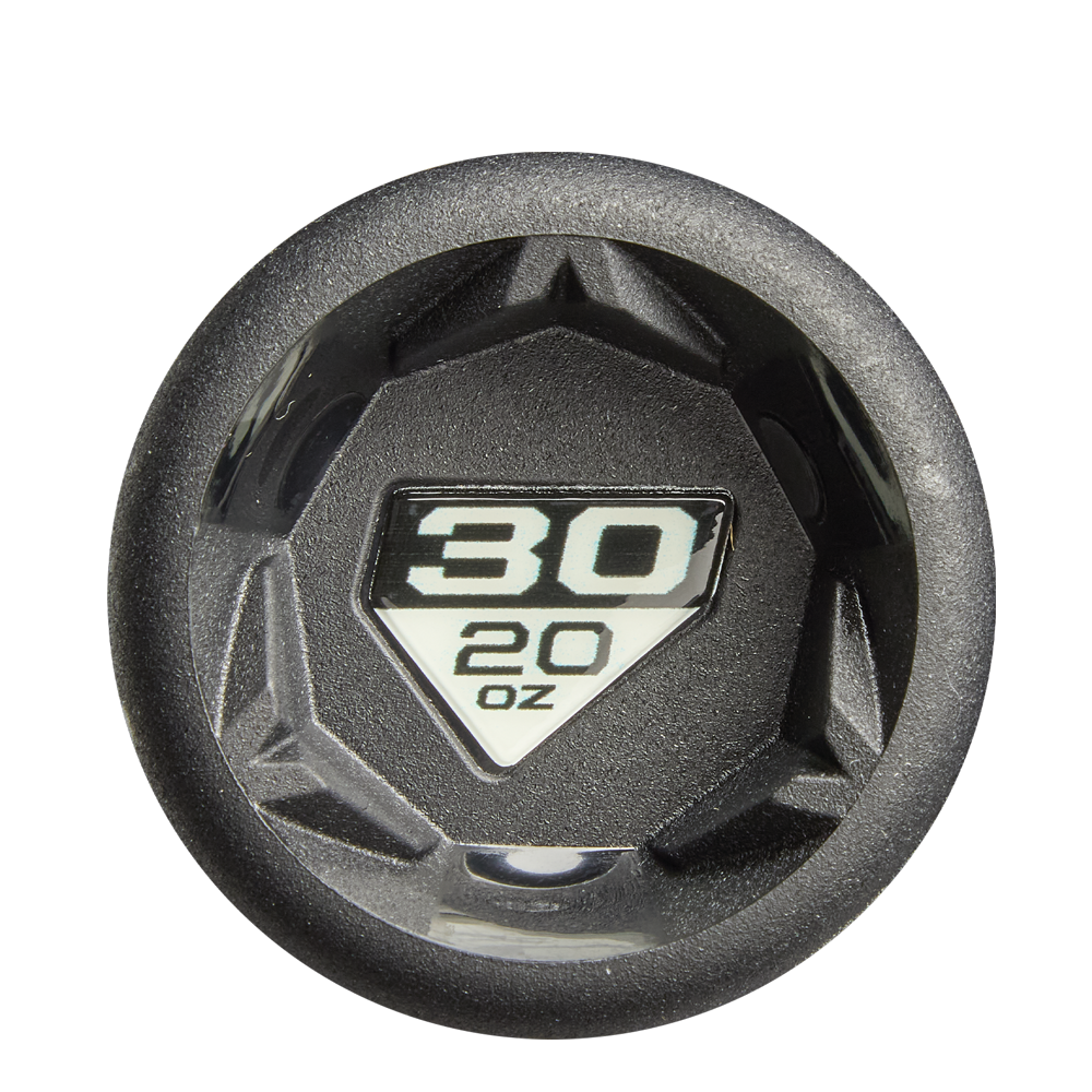 Top view of a black bottle lid with a triangular label displaying "30" in large white text above "20 oz," similar to the clear markings on the 2026 DeMarini ZEN (-10) 2 3/4" USSSA Baseball Bat: WBD2591010 (DEMO) barrel for easy measurement.