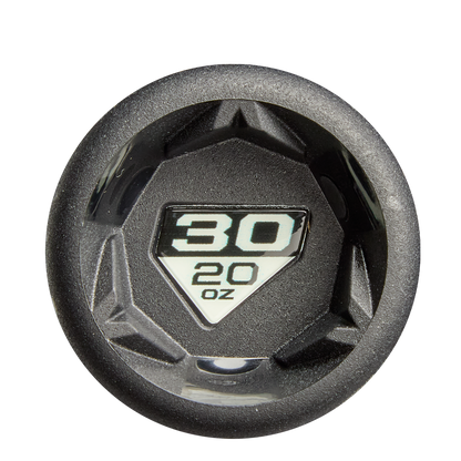 Top view of a black bottle lid with a triangular label displaying "30" in large white text above "20 oz," similar to the clear markings on the 2026 DeMarini ZEN (-10) 2 3/4" USSSA Baseball Bat: WBD2591010 (DEMO) barrel for easy measurement.