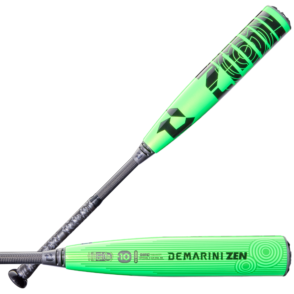 Two neon green 2026 DeMarini ZEN (-10) 2 3/4" USSSA Baseball Bats (WBD2591010) are shown, featuring black and dark green graphics. One bat is displayed horizontally, the other diagonally to highlight the composite barrel and grip.