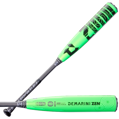 Two neon green 2026 DeMarini ZEN (-10) 2 3/4" USSSA Baseball Bats (WBD2591010) are shown, featuring black and dark green graphics. One bat is displayed horizontally, the other diagonally to highlight the composite barrel and grip.