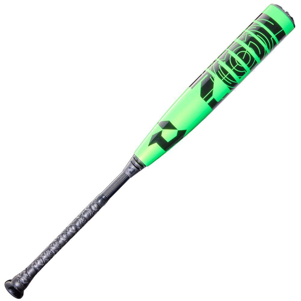 The 2026 DeMarini ZEN (-8) 2 3/4" USSSA Baseball Bat (WBD2592010) features a neon green and black design, two-piece composite barrel, and a textured black handle with bold graphics. Brand: DeMarini. Set against a plain white background.