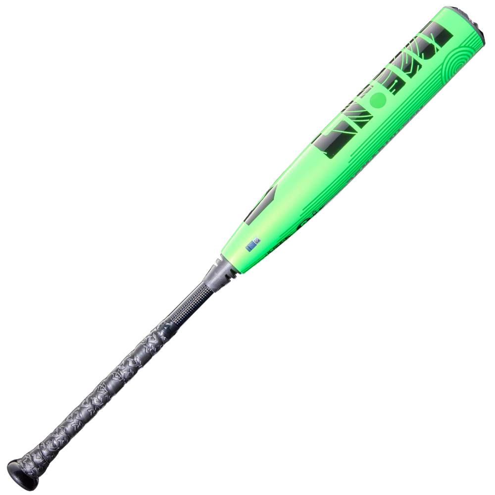 The 2026 DeMarini ZEN (-8) 2 3/4" USSSA Baseball Bat (WBD2592010) features a bright green composite barrel, black accents, a black patterned grip, and bold black "FENOX" lettering, displayed on a white background.