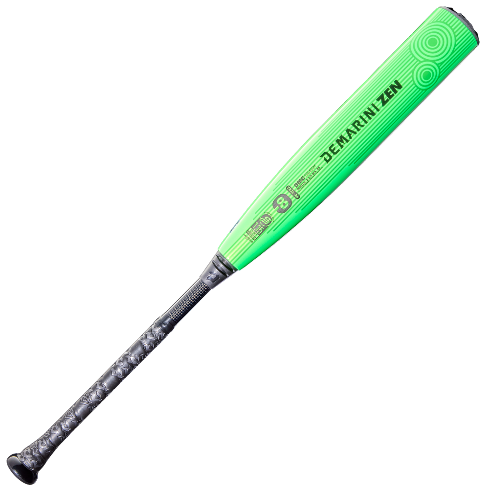 The 2026 DeMarini ZEN (-8) 2 3/4" USSSA Baseball Bat (WBD2592010) features a neon green design, black and gray textured grip, two-piece composite construction, and is shown angled diagonally on a white background.