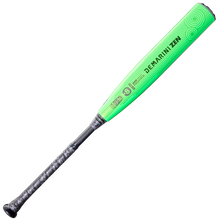 The 2026 DeMarini ZEN (-8) 2 3/4" USSSA Baseball Bat (WBD2592010) features a neon green design, black and gray textured grip, two-piece composite construction, and is shown angled diagonally on a white background.