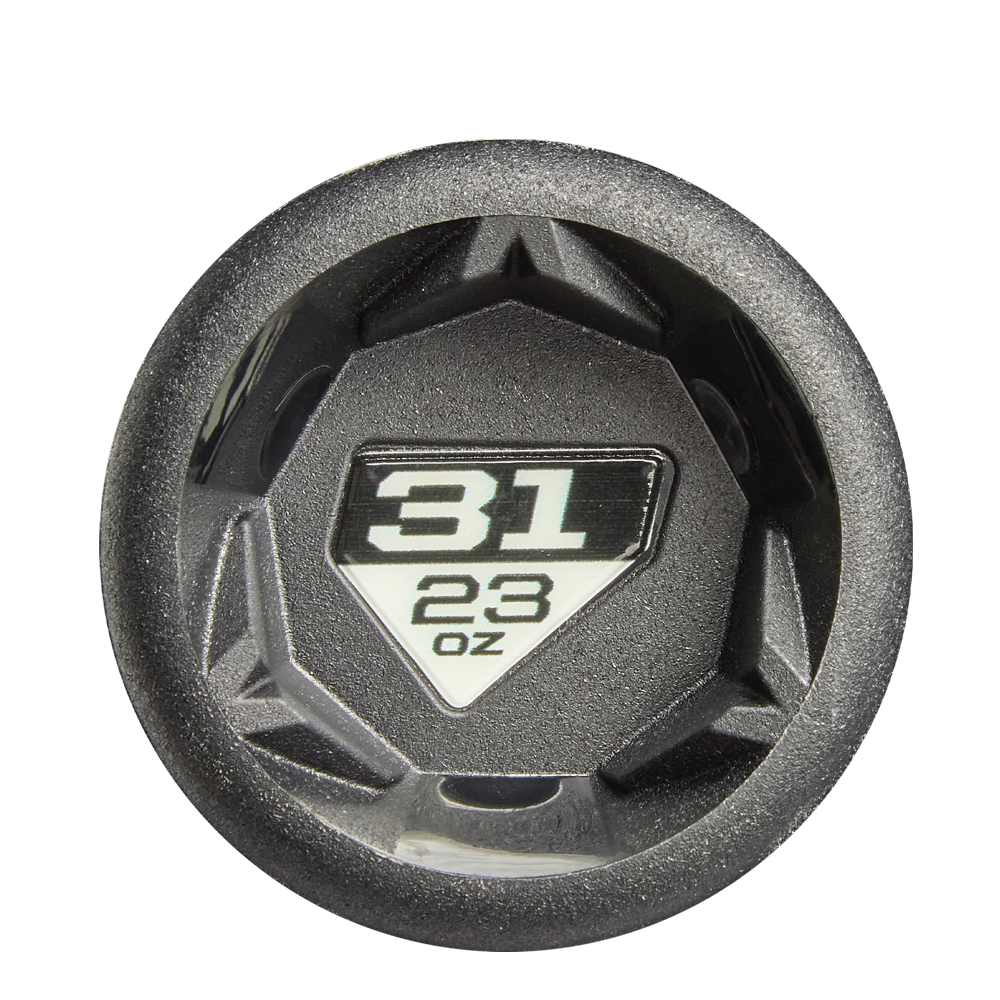 A black, hexagonal dumbbell end cap labeled "31/23 oz" in white on a black and silver background, featuring a design inspired by the sleek 2026 DeMarini ZEN (-8) 2 3/4" USSSA Baseball Bat from DeMarini with two-piece construction.