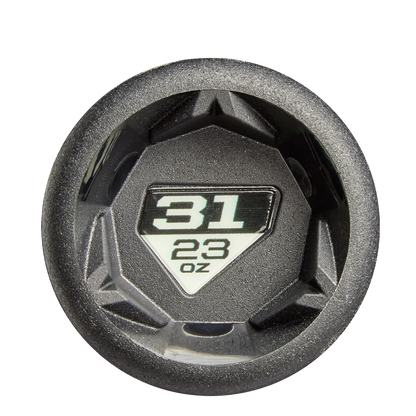 A black, hexagonal dumbbell end cap labeled "31/23 oz" in white on a black and silver background, featuring a design inspired by the sleek 2026 DeMarini ZEN (-8) 2 3/4" USSSA Baseball Bat from DeMarini with two-piece construction.