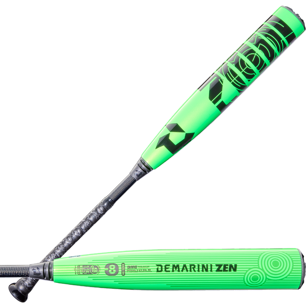 The DeMarini 2026 ZEN (-8) USSSA Baseball Bat (WBD2592010) features a green composite barrel, black handle, and two-piece construction.