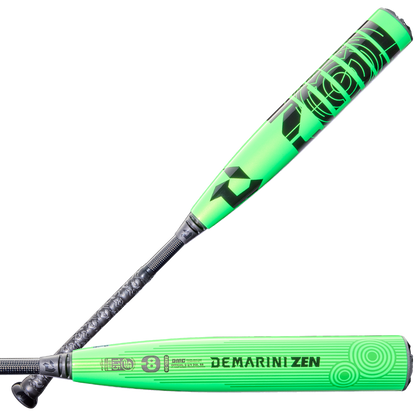 The DeMarini 2026 ZEN (-8) USSSA Baseball Bat (WBD2592010) features a green composite barrel, black handle, and two-piece construction.