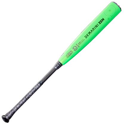 The 2026 DeMarini ZEN (-5) 2 3/4" USSSA Baseball Bat (WBD2593010) features a bright green finish, black and gray textured grip, and composite barrel, displayed on a white background.