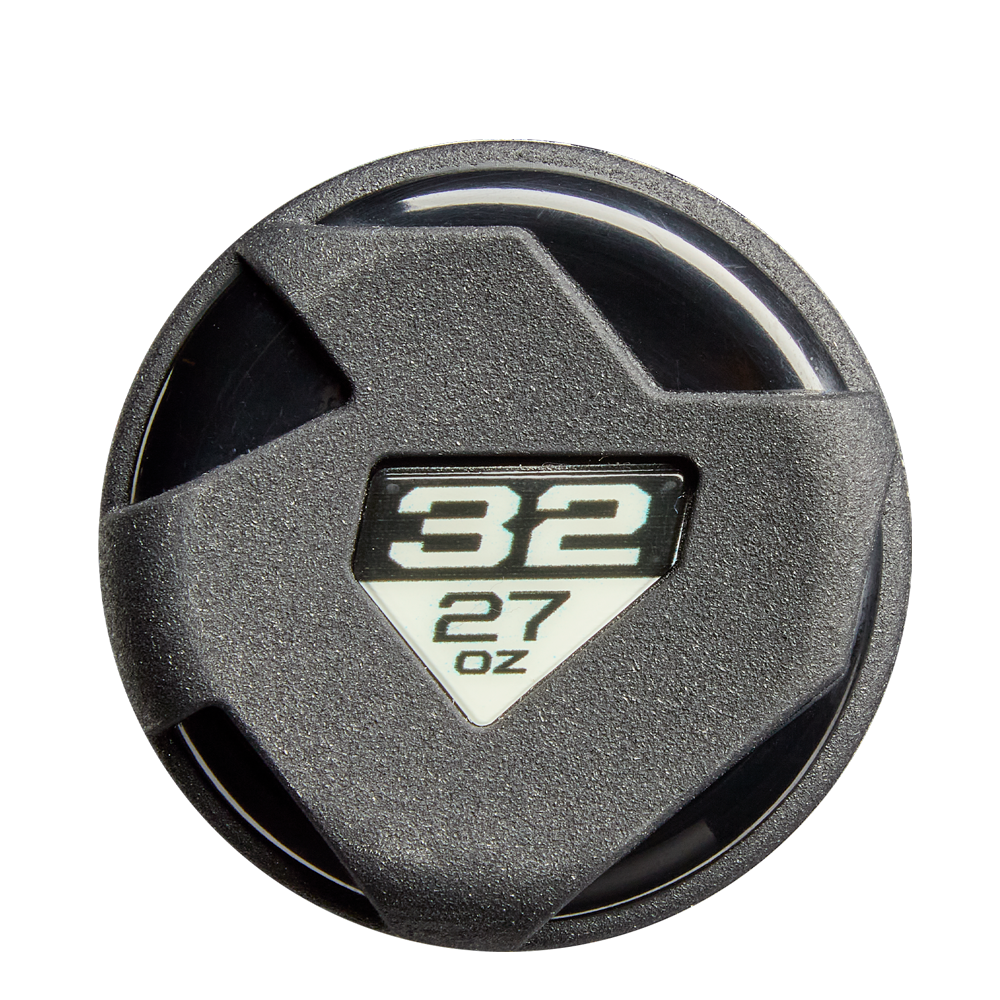 A close-up of a black plastic lid with an angular design, featuring a window showing 32 over 27 oz in bold white—echoing the weight markings on the 2026 DeMarini ZEN (-5) USSSA Baseball Bat: WBD2593010 by DeMarini.