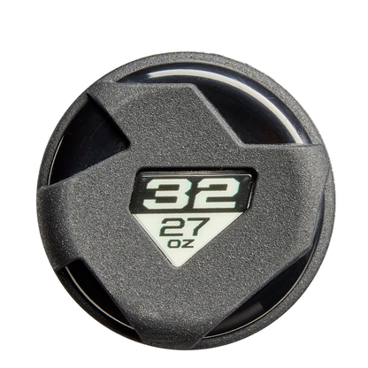 A close-up of a black plastic lid with an angular design, featuring a window showing 32 over 27 oz in bold white—echoing the weight markings on the 2026 DeMarini ZEN (-5) USSSA Baseball Bat: WBD2593010 by DeMarini.