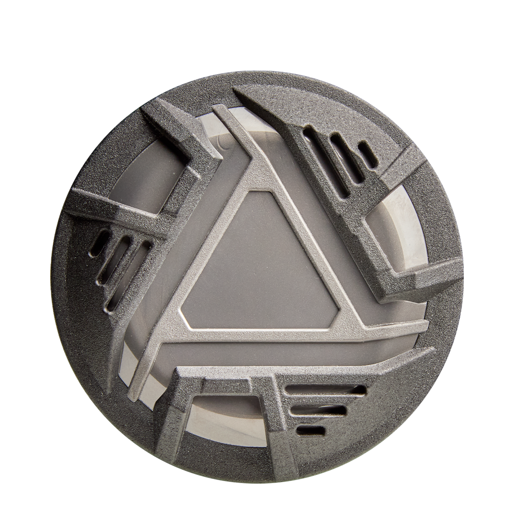 A round, gray object with a central triangle and angular patterns echoes the advanced, layered look of the 2026 DeMarini ZEN (-5) 2 3/4" USSSA Baseball Bat (WBD2593010) by DeMarini, especially its striking composite barrel design.