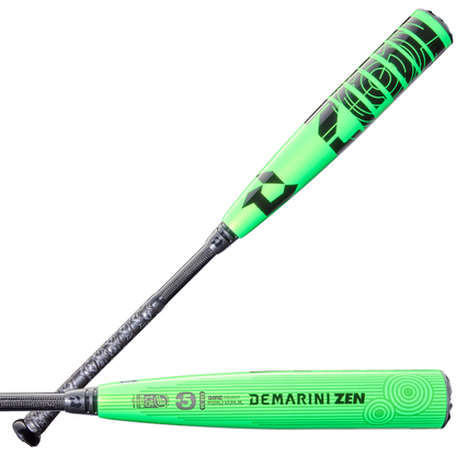 Two views of the 2026 DeMarini ZEN (-5) 2 3/4" USSSA Baseball Bat (WBD2593010) feature neon green with black accents, brand logo and text, plus a composite barrel and grip in a bold black and white pattern.